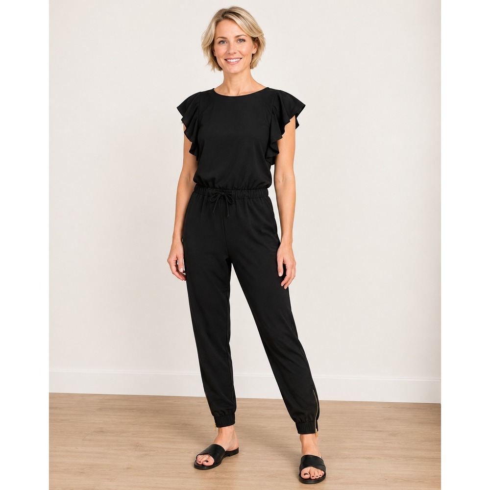 ALBION Jetset Jumpsuit Black Ruffle Flutter Sleeve Ankle Zip Large‎